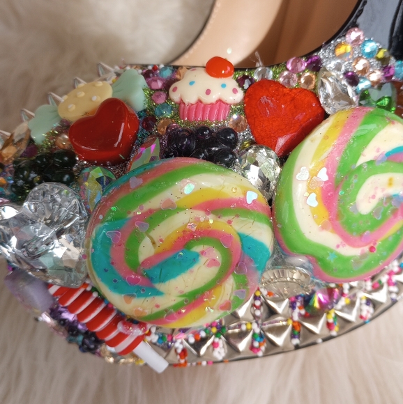 Sale! Custom Made Zombie Peepshow Candy Embellished Black Strappy Platform Heels - Picture 10 of 16